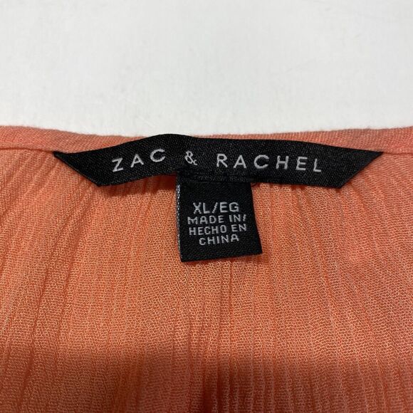 Zac & Rachel Boho Blouse Sz XL Coral/Orange Roll Tab Sleeve Gauze Tassels Beads - Picture 6 of 9